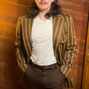 VINTAGE 70s Pinstripe Blazer Suit Jacket Size M Mod Brown Retro Menswear